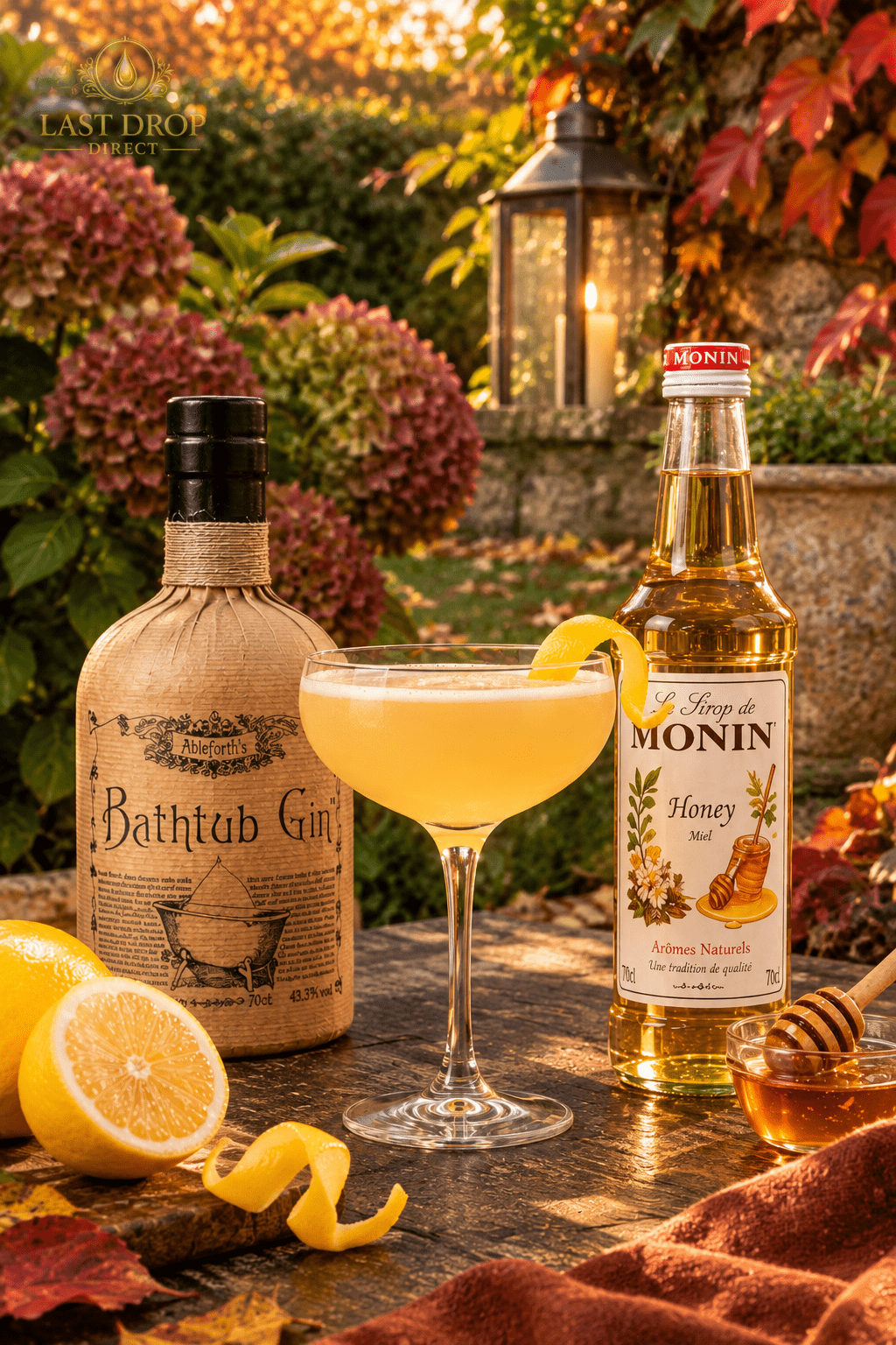 Bee’s Knees Cocktail with Bathtub Gin, Monin Honey Syrup and fresh lemon in an autumn garden
