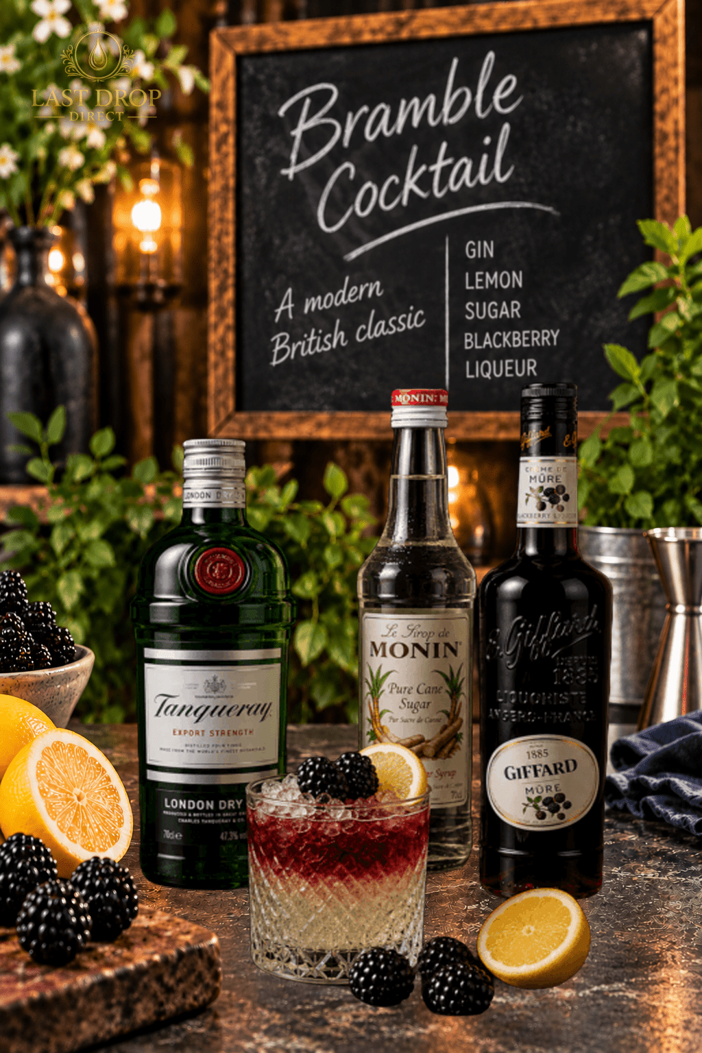Bramble Cocktail with Tanqueray Gin, Giffard Crème de Mûre and Monin Pure Cane Sugar Syrup