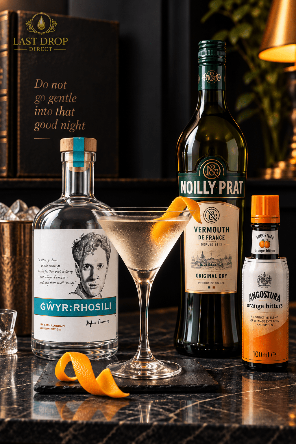 Dylan’s Martini with Gŵyr Rhosili Dylan Thomas Gin, Noilly Prat Dry Vermouth and Angostura Orange Bitters