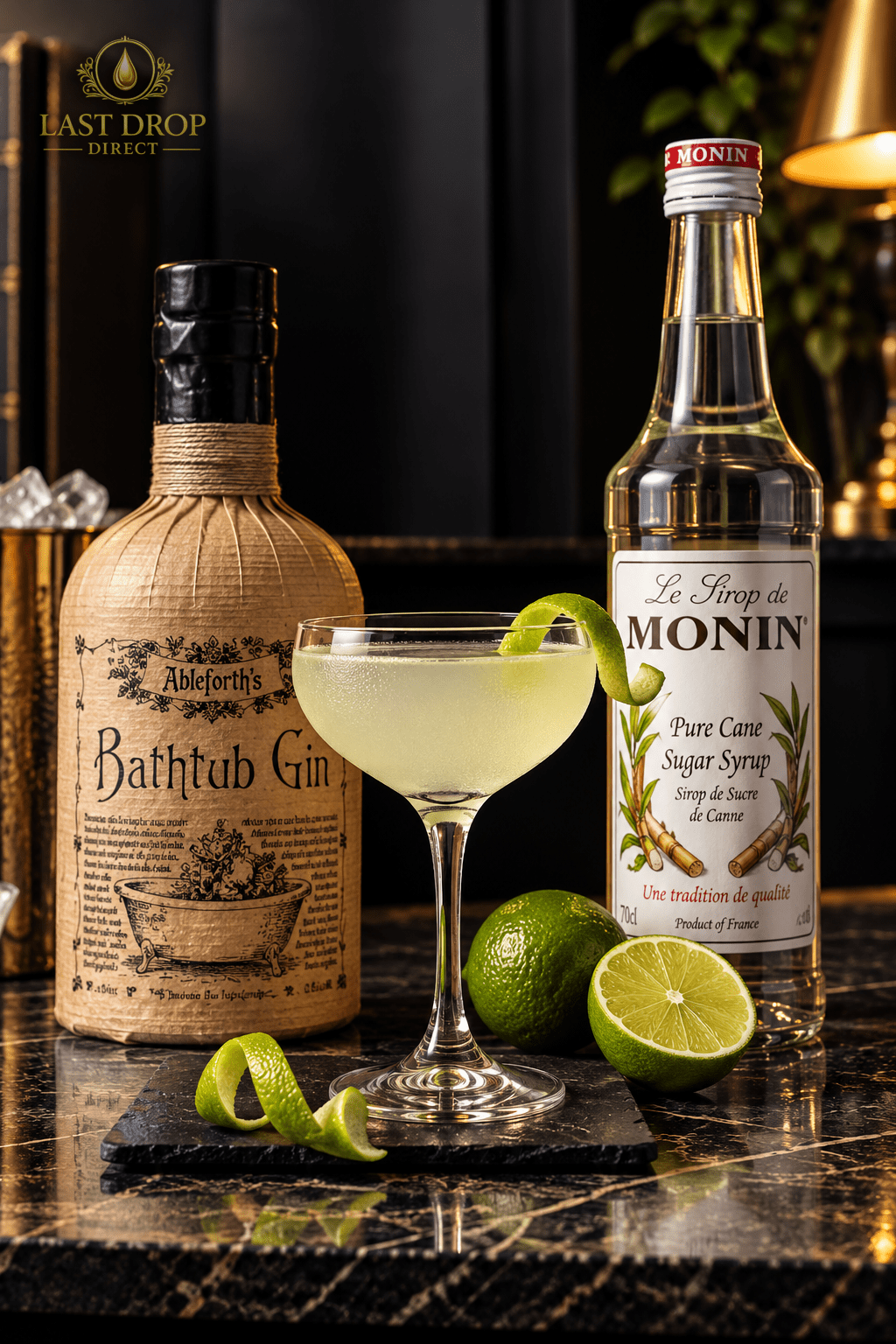 Gimlet Cocktail with Bathtub Gin, MONIN Pure Cane Sugar Syrup and fresh lime