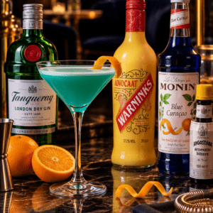 Jaded Lady Cocktail with Tanqueray Gin, Warninks Advocaat, MONIN Blue Curaçao and Angostura Bitters