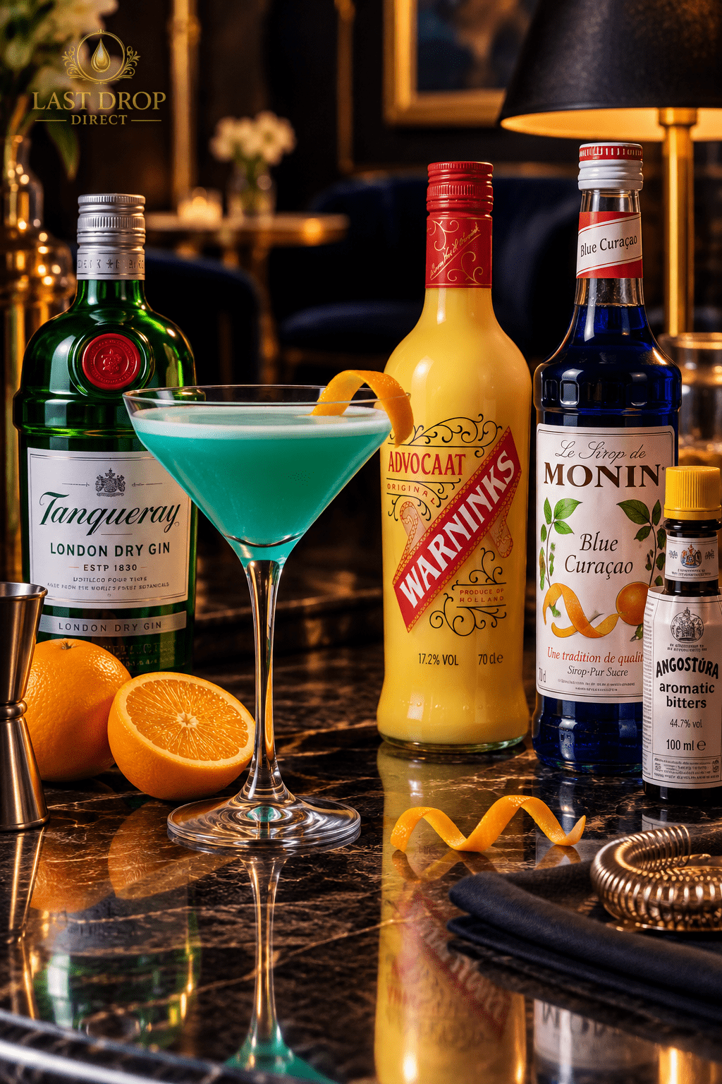 Jaded Lady Cocktail with Tanqueray Gin, Warninks Advocaat, MONIN Blue Curaçao and Angostura Bitters