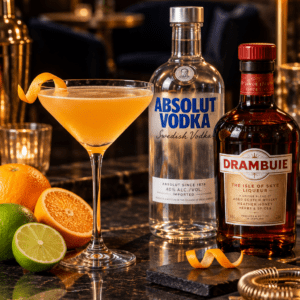 Mayfair Martini Cocktail with Absolut Vodka, Drambuie, fresh orange and lime