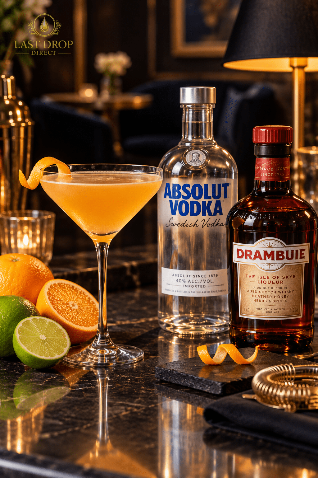 Mayfair Martini Cocktail with Absolut Vodka, Drambuie, fresh orange and lime
