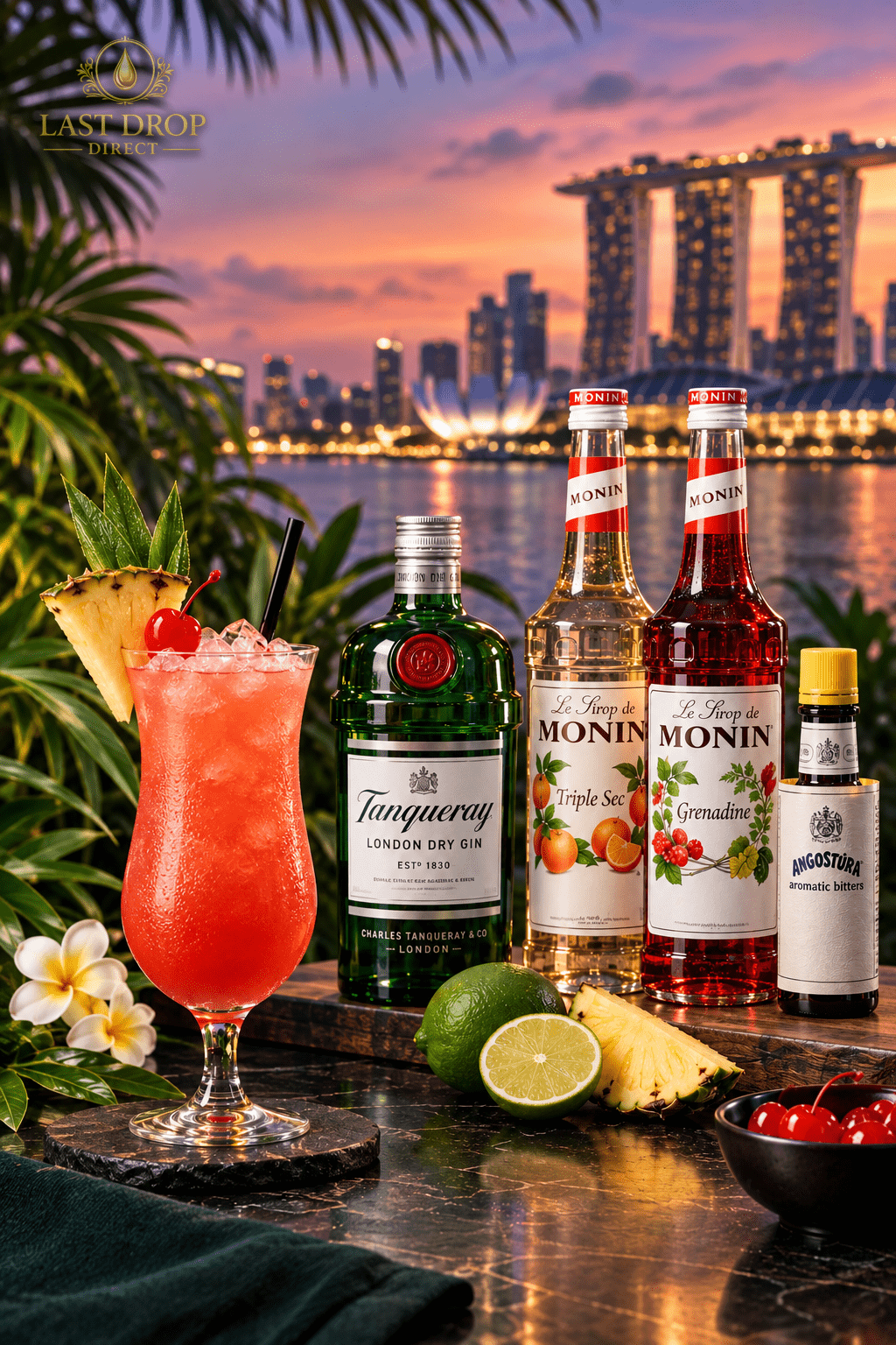 Singapore Sling Cocktail with Tanqueray London Dry Gin, MONIN Triple Sec, Grenadine and Angostura Bitters