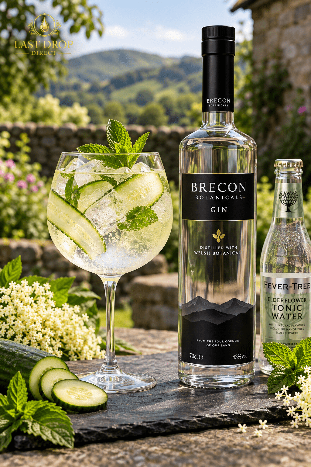 Welsh Garden Spritz with Brecon Botanicals Gin, elderflower tonic, cucumber and fresh mint