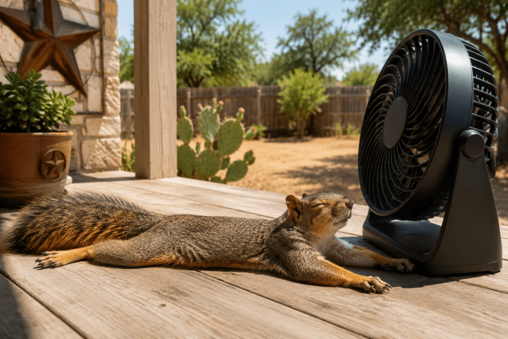 Squirrel cooling down in front of a fan during the Texas heat