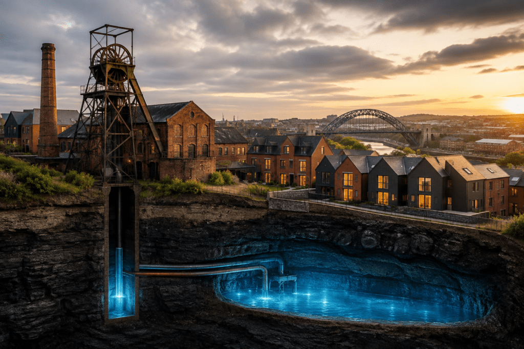 Illustration of an abandoned British coal mine using warm underground mine water to provide low-carbon heating for nearby homes and businesses.
