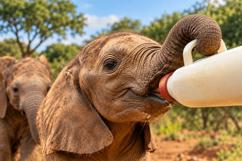 Baby elephant Bungalu drinking milk from a bottle at a wildlife rescue centre in Kenya, with another young elephant in the background.
