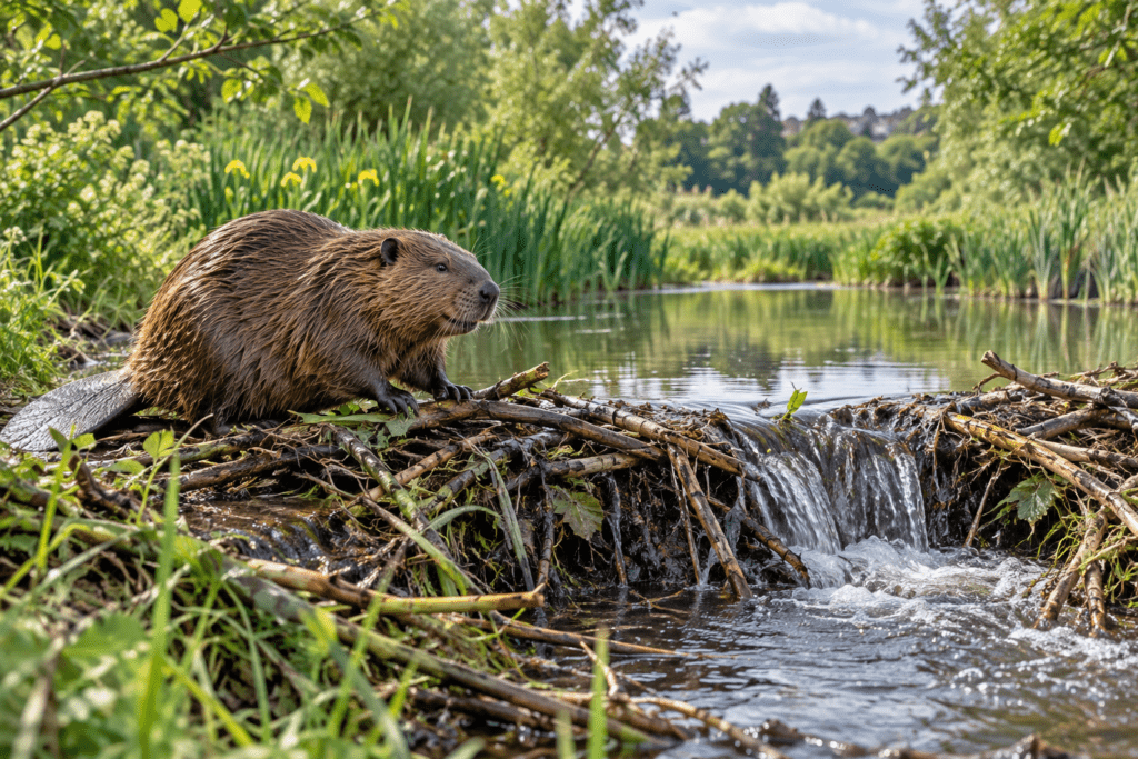 Eurasian beaver sitting on a dam in a wetland, illustrating how beavers are helping reduce flooding in west London.