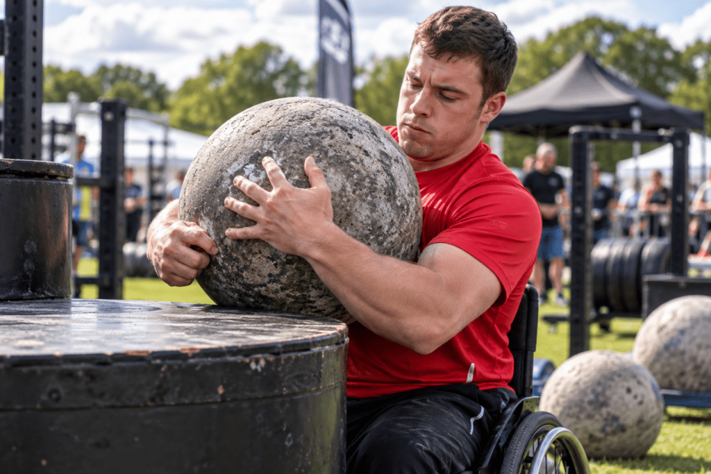 Man with cerebral palsy taking part in an adaptive strength event, lifting a heavy Atlas stone from his wheelchair.