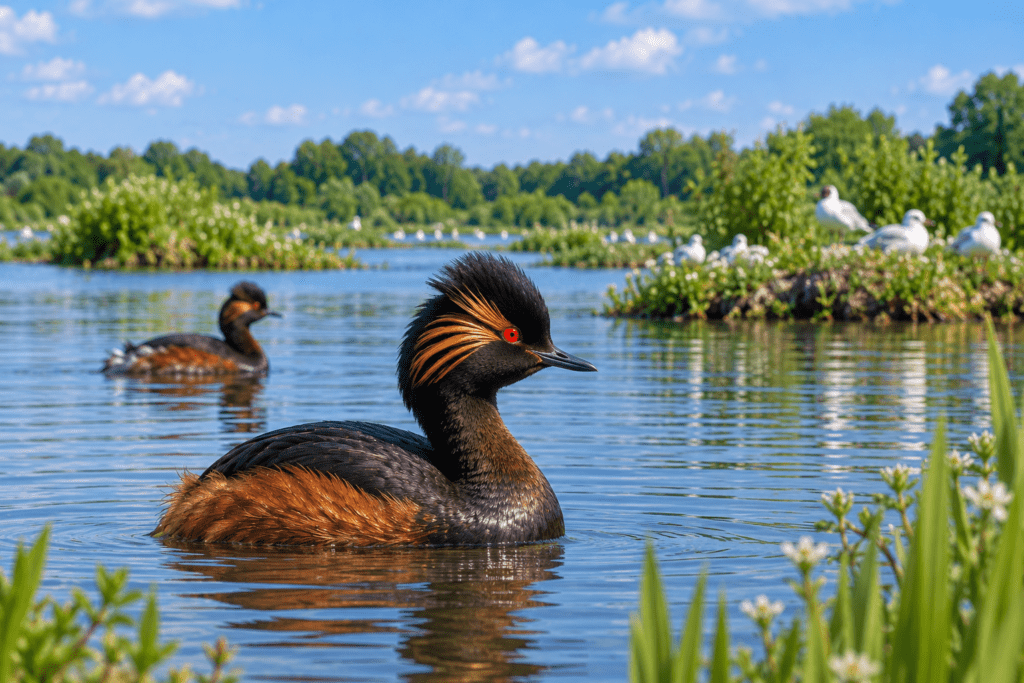 Black-necked grebe swimming on a restored wetland at Woolston Eyes in Cheshire.