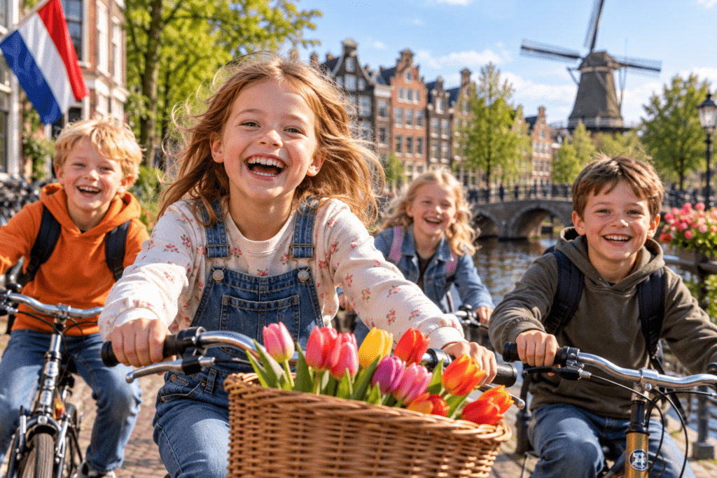 Happy children cycling beside a Dutch canal, with traditional houses, tulips and a windmill in the background.