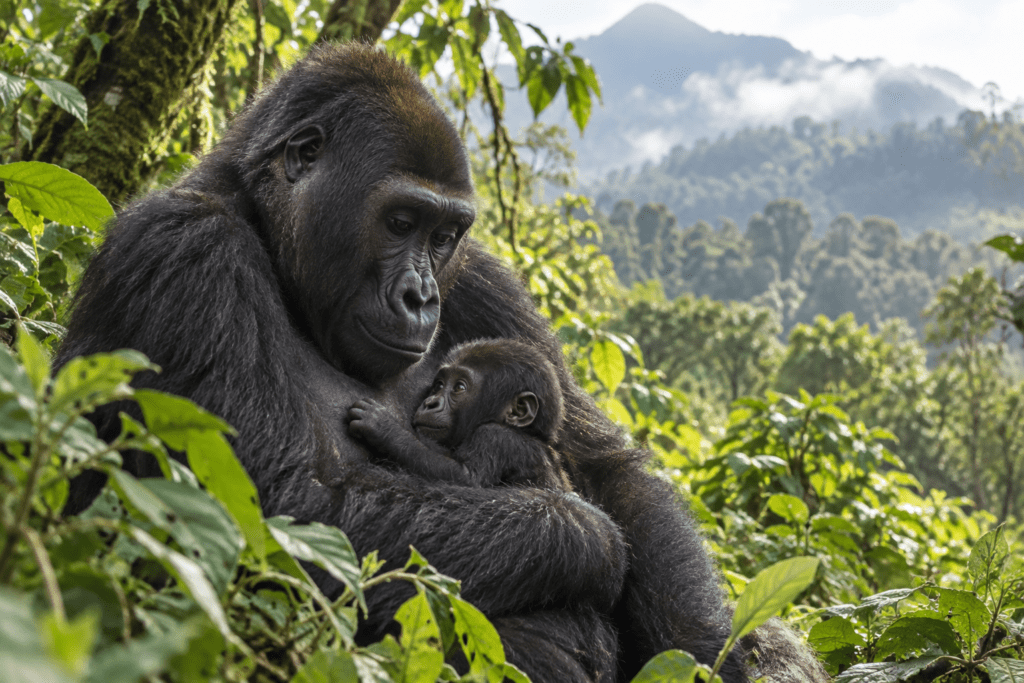 Lulingu, the rescued Grauer's gorilla, with her first baby after returning to the wild.