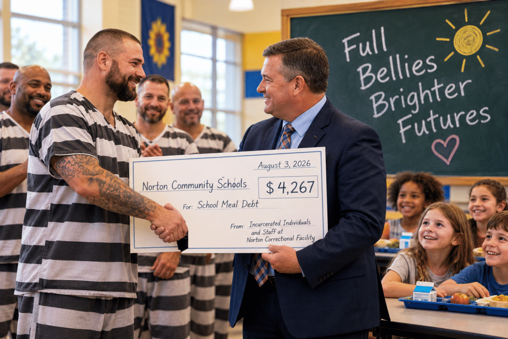Prisoners from Norton Correctional Facility present a $4,267 donation towards local school meal debt.