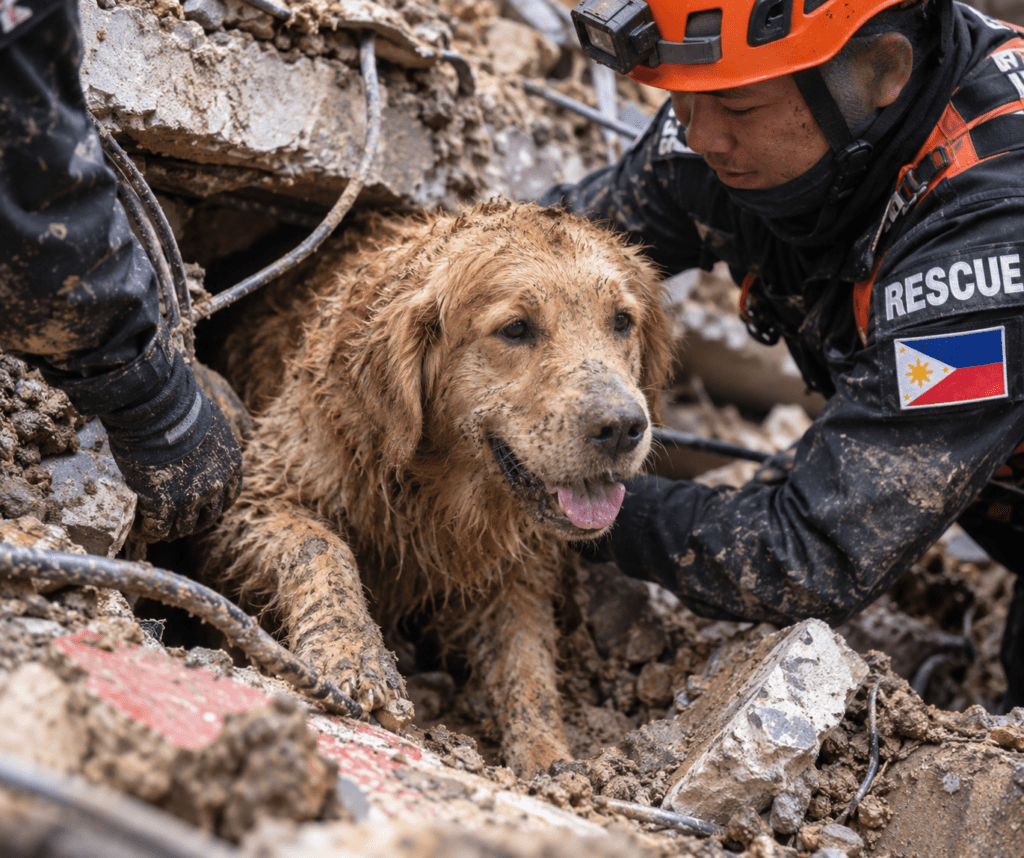 Golden Retriever being rescued from rubble after a landslide