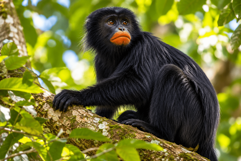 Newly discovered likweli monkey, Colobus congoensis, with distinctive orange lips in the forests of the Democratic Republic of the Congo.
