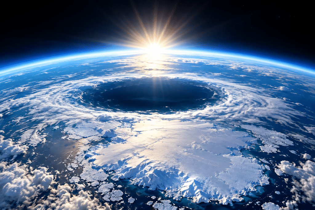 Ozone layer over Antarctica showing signs of recovery as the Sun rises above Earth.