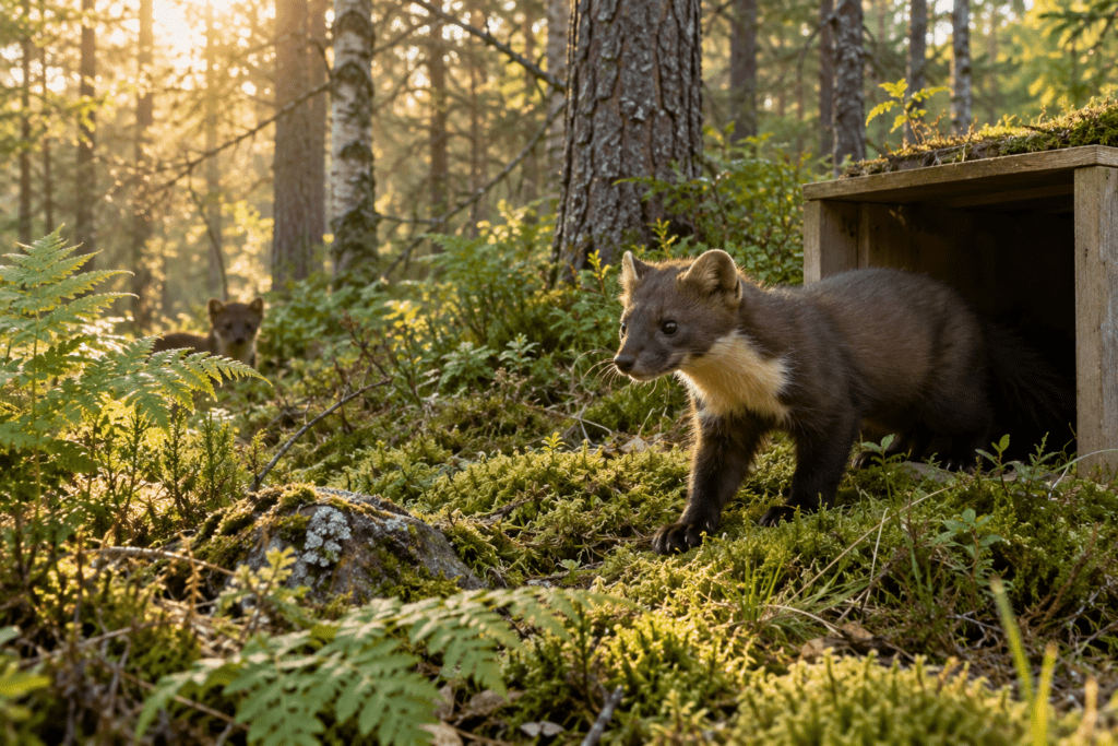 Young pine marten emerging from a wooden release box into a lush Scottish woodland following successful rehabilitation.