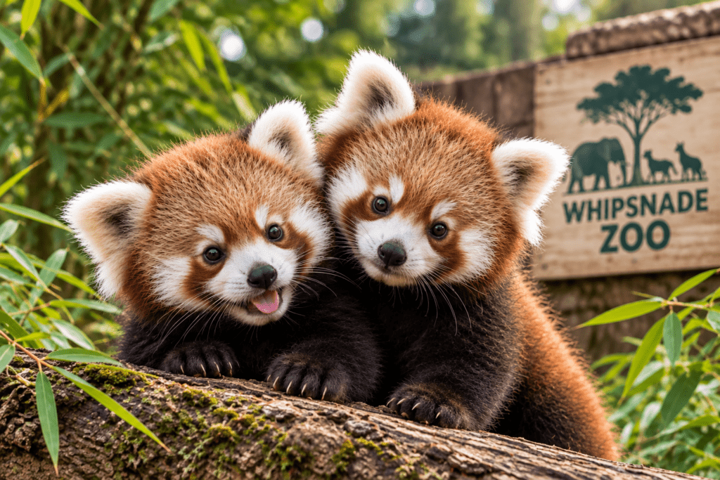 Two rare red panda cubs cuddled together on a log with a Whipsnade Zoo sign in the background.