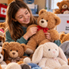 12-year-old girl repairing a teddy bear surrounded by restored stuffed animals for children affected by home fires.