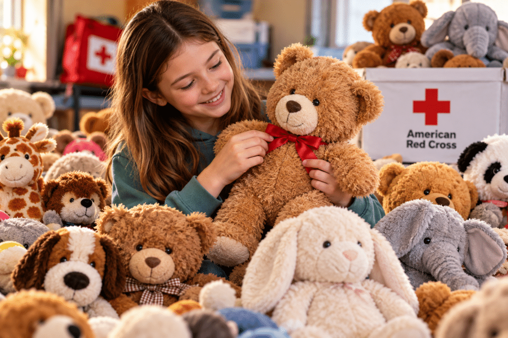 12-year-old girl repairing a teddy bear surrounded by restored stuffed animals for children affected by home fires.