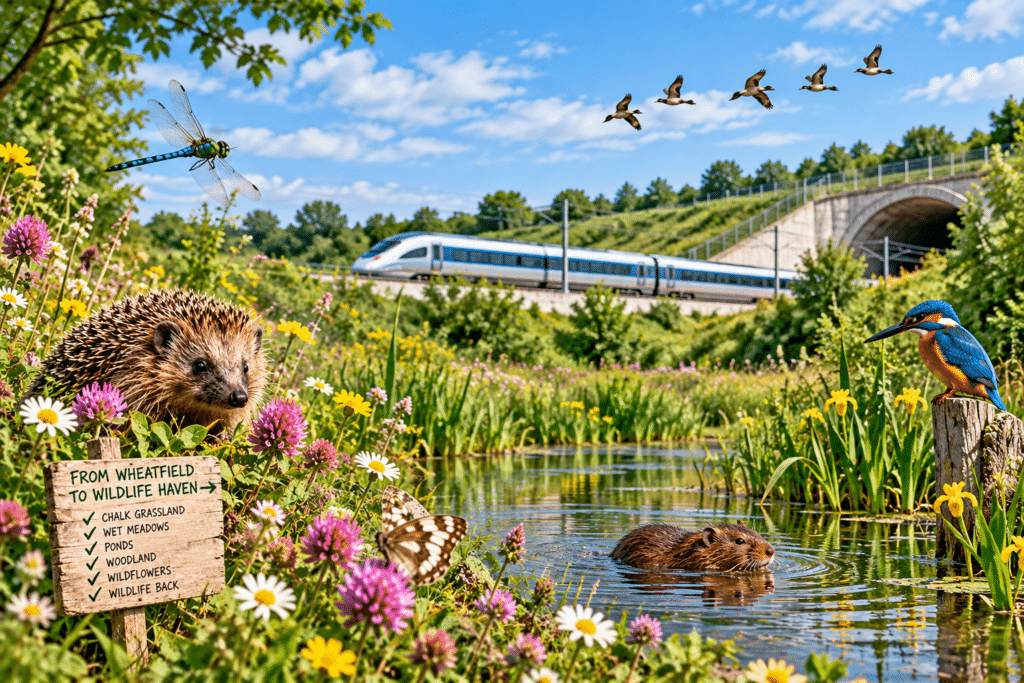HS2 Colne Valley wildlife habitat with wildflowers, wetland, hedgehog, water vole and kingfisher beside the railway.