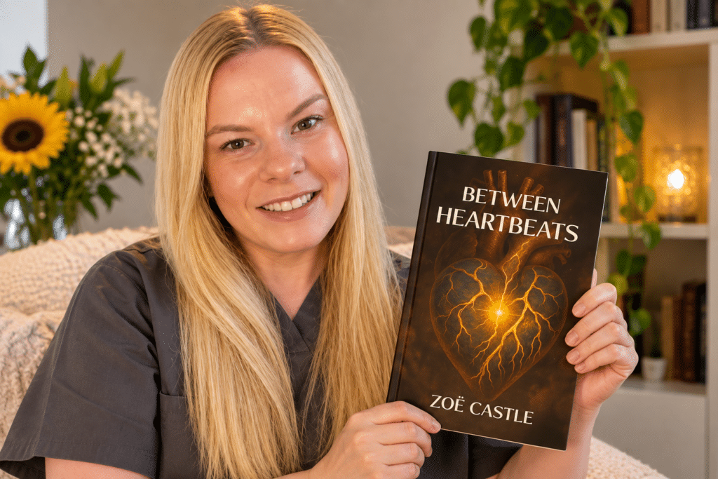 Zoë Castle, author of Between Heartbeats, holding her book inspired by her experiences living with 22q11.2 deletion syndrome.