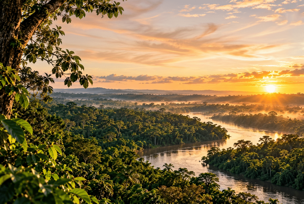 Amazon rainforest at sunrise with a winding river surrounded by dense green forest, illustrating Brazil’s fall in Amazon deforestation alerts.