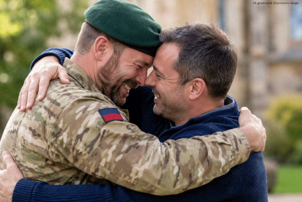 An emotional reunion between an Army veteran in military uniform and a stem cell donor, embracing warmly with smiles of gratitude and relief.