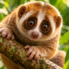 An adorable slow loris with enormous brown eyes and soft golden-brown fur clings to a moss-covered branch, surrounded by lush green tropical foliage.