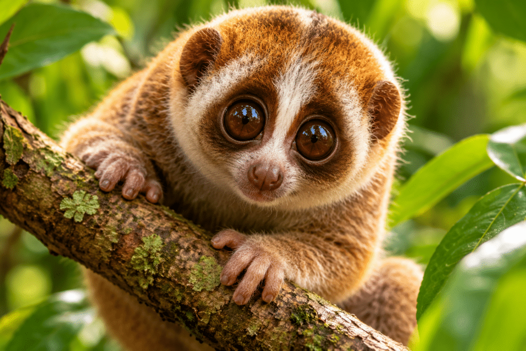 An adorable slow loris with enormous brown eyes and soft golden-brown fur clings to a moss-covered branch, surrounded by lush green tropical foliage.