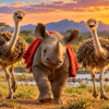 Chamboi the orphaned black rhino with his ostrich friends Bam and Boozle in Kenya.
