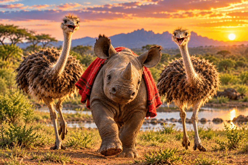 Chamboi the orphaned black rhino with his ostrich friends Bam and Boozle in Kenya.