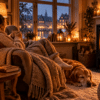 A woman wrapped in a cosy knitted blanket enjoys a warm drink beside a crackling wood-burning stove, while a golden retriever sleeps peacefully at her feet. Soft candlelight and rain-speckled windows capture the Danish concept of hygge, bringing warmth and comfort to a cold autumn evening.