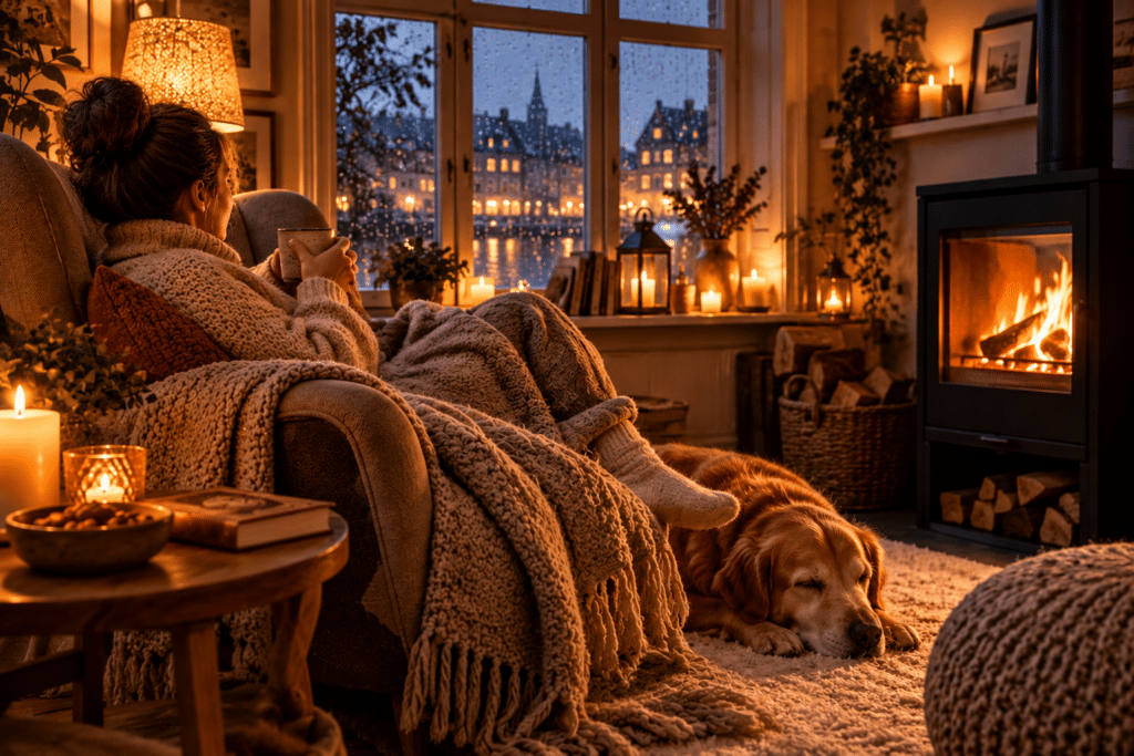 A woman wrapped in a cosy knitted blanket enjoys a warm drink beside a crackling wood-burning stove, while a golden retriever sleeps peacefully at her feet. Soft candlelight and rain-speckled windows capture the Danish concept of hygge, bringing warmth and comfort to a cold autumn evening.