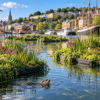 AI-generated illustration of Bristol Harbour transformed by floating wetlands, with lush greenery, colourful wildflowers, a heron, ducks and an otter surrounded by boats and historic waterfront buildings.