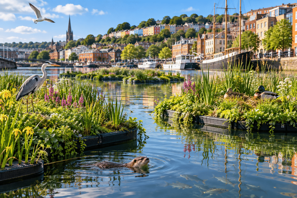 AI-generated illustration of Bristol Harbour transformed by floating wetlands, with lush greenery, colourful wildflowers, a heron, ducks and an otter surrounded by boats and historic waterfront buildings.