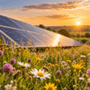 Solar panels surrounded by colourful wildflowers, with butterflies and bees feeding among the blooms as the sun sets over the countryside.