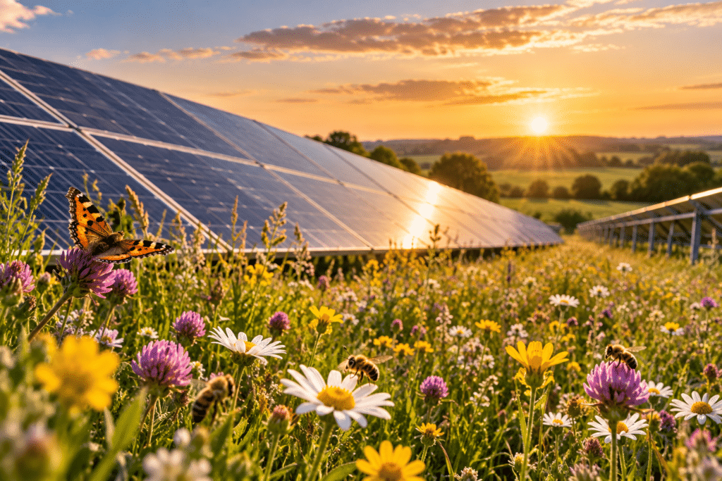 Solar panels surrounded by colourful wildflowers, with butterflies and bees feeding among the blooms as the sun sets over the countryside.