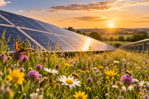 Solar panels surrounded by colourful wildflowers, with butterflies and bees feeding among the blooms as the sun sets over the countryside.