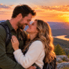 A couple embrace on a scenic mountain overlook at sunset, smiling together against a golden sky and forested valley, symbolising love, survival and second chances.