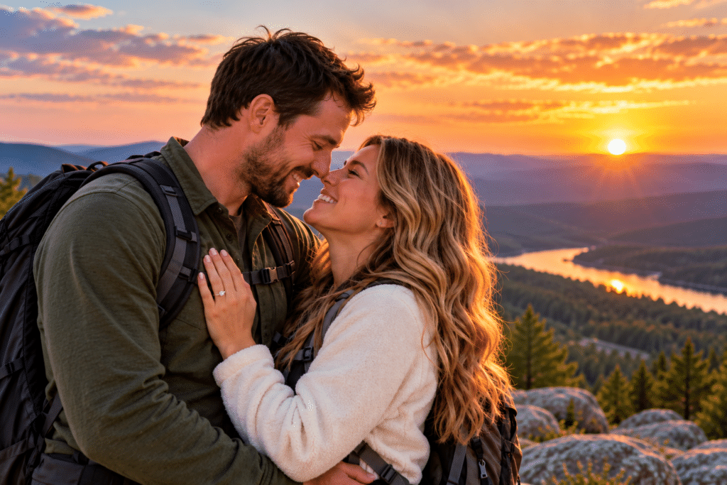 A couple embrace on a scenic mountain overlook at sunset, smiling together against a golden sky and forested valley, symbolising love, survival and second chances.