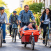Smiling volunteers cycling and jogging together on a sunlit street, with an elderly woman enjoying a ride in a cargo bike, highlighting the benefits of exercise, volunteering and community connection.