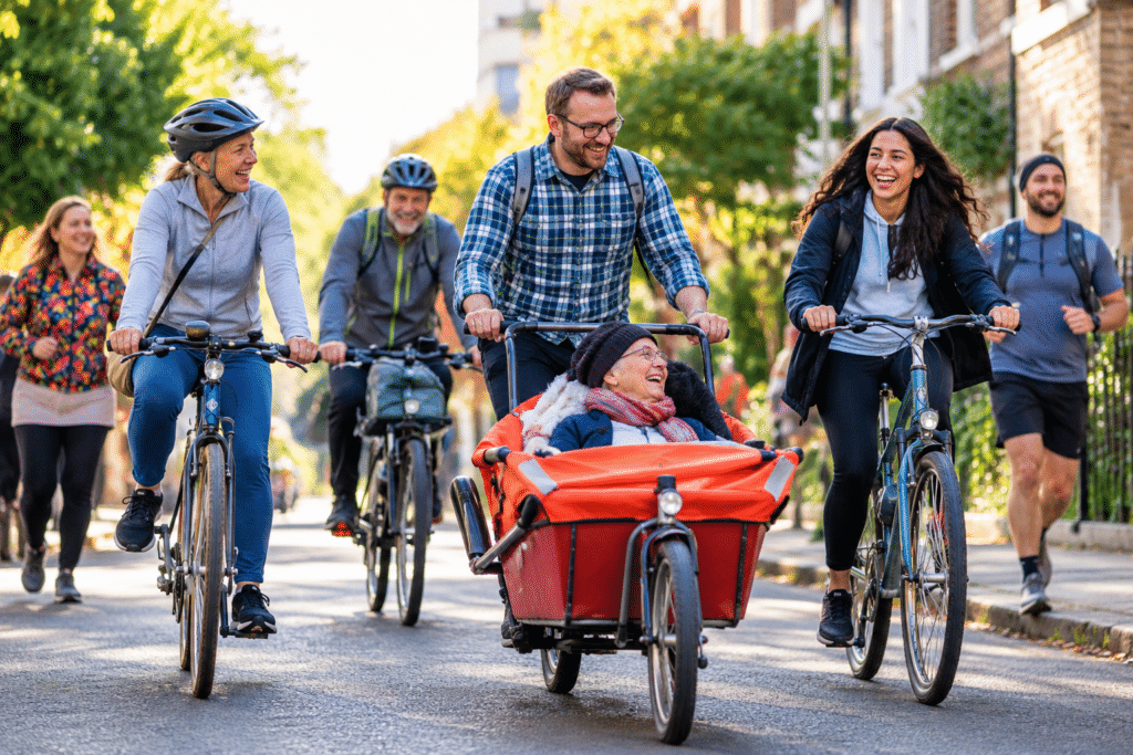 Smiling volunteers cycling and jogging together on a sunlit street, with an elderly woman enjoying a ride in a cargo bike, highlighting the benefits of exercise, volunteering and community connection.