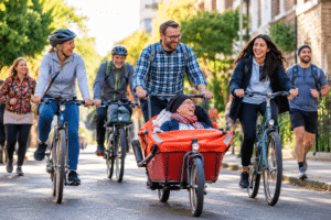 Smiling volunteers cycling and jogging together on a sunlit street, with an elderly woman enjoying a ride in a cargo bike, highlighting the benefits of exercise, volunteering and community connection.