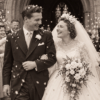 AI-generated vintage-style photograph of a smiling 1950s bride and groom leaving a stone church, surrounded by joyful wedding guests throwing confetti.