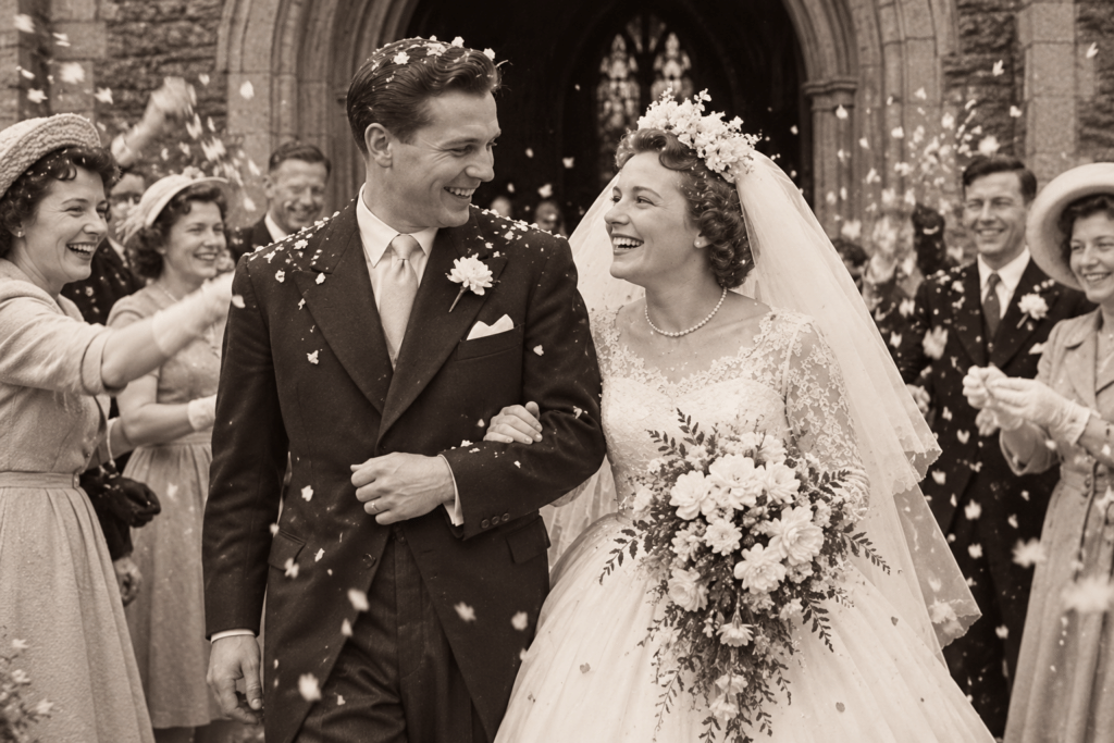 AI-generated vintage-style photograph of a smiling 1950s bride and groom leaving a stone church, surrounded by joyful wedding guests throwing confetti.