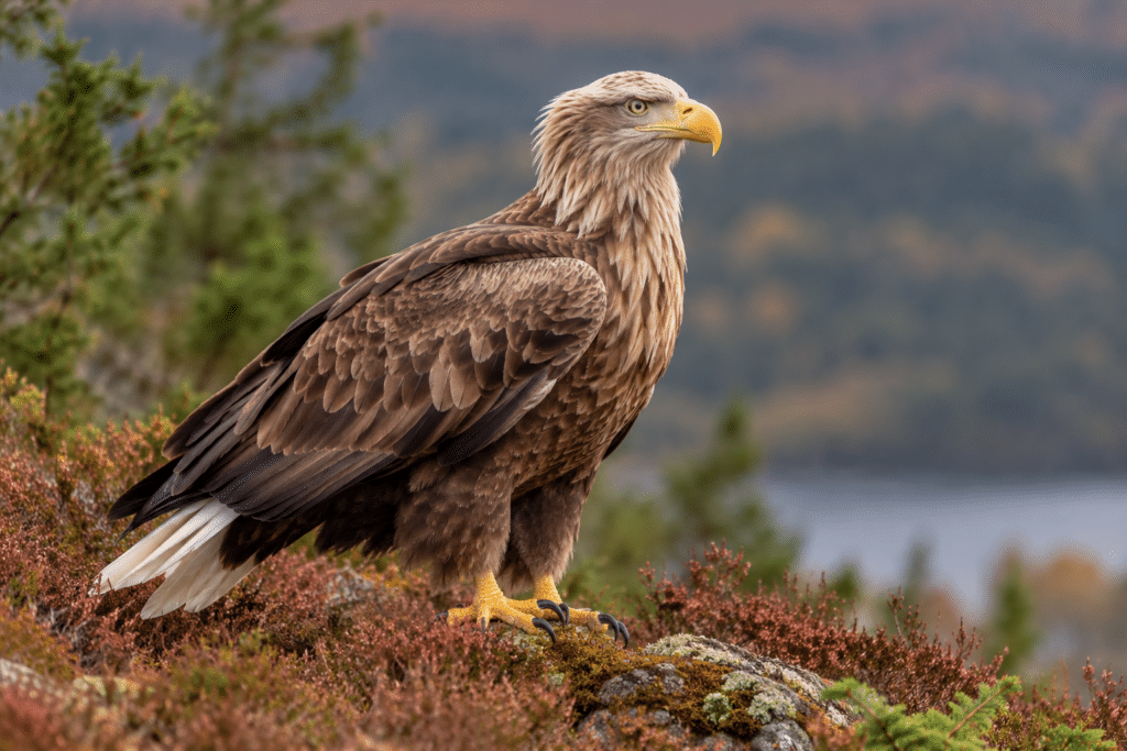 A majestic white-tailed eagle perched on a rocky outcrop surrounded by reddish-brown heather, with a softly blurred British woodland and lake in the background.
