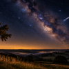 A spectacular shooting star streaks across a dark, star-filled night sky above peaceful countryside, capturing the beauty of October's meteor showers away from city lights.